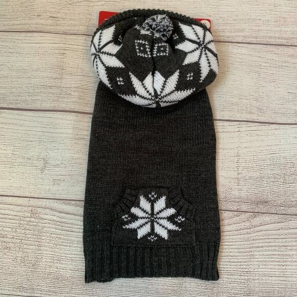 Dog Sweater with Hood Pom Grey White Snowflake Pattern Pocket Winter Out… - Picture 1 of 11